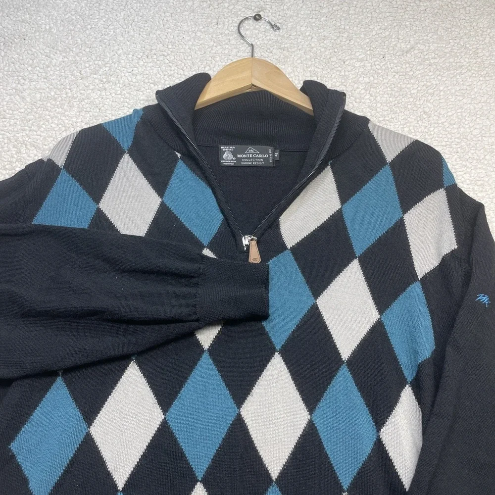 Monte Carlo Sweater Mens 42 Black Argyle Quarter Zip Wool Mock Neck Pullover